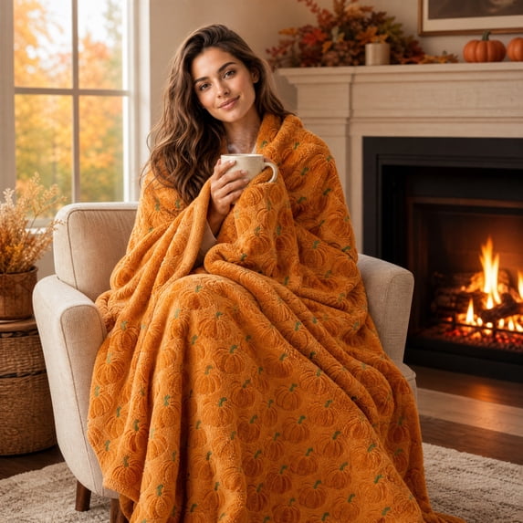 Pumpkin Embroidered Faux Fur Throw Blanket, Cozy Warm Fall Halloween Decorative Blanket for Lounging Couch Sofa Bedroom, Ideal Seasonal Gift Home Decorative Accent