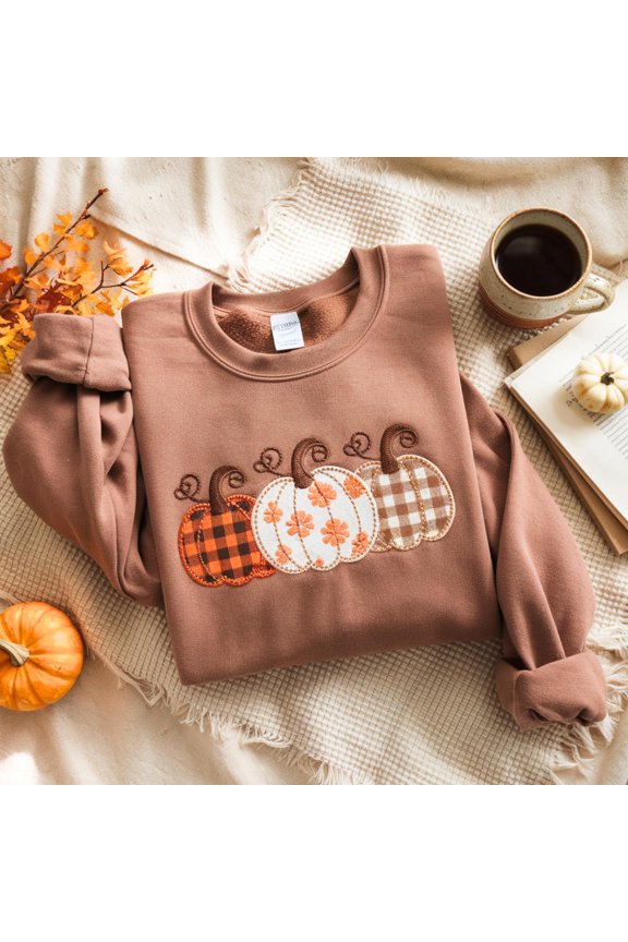 Pumpkin Embroidered SweatShirt, Boho Fall Pumpkin T-Shirt, Patchwork Pumpkin Tee, Cute Autumn Shirt, Fall Harvest Shirt, Pumpkin Patch Shirt
