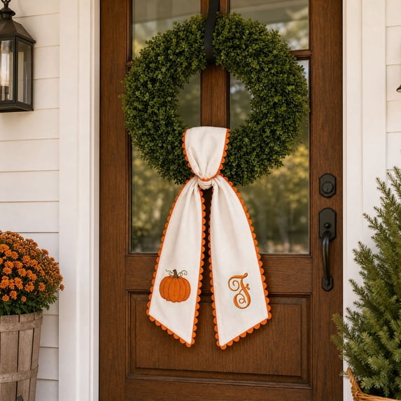 Pumpkin Embroidered Wreath Sash, 50 x 5 inch Orange Scalloped Lettered Ribbon for Halloween, Thanksgiving, Front Door, Seasonal Garland and Fall Home Decor, F
