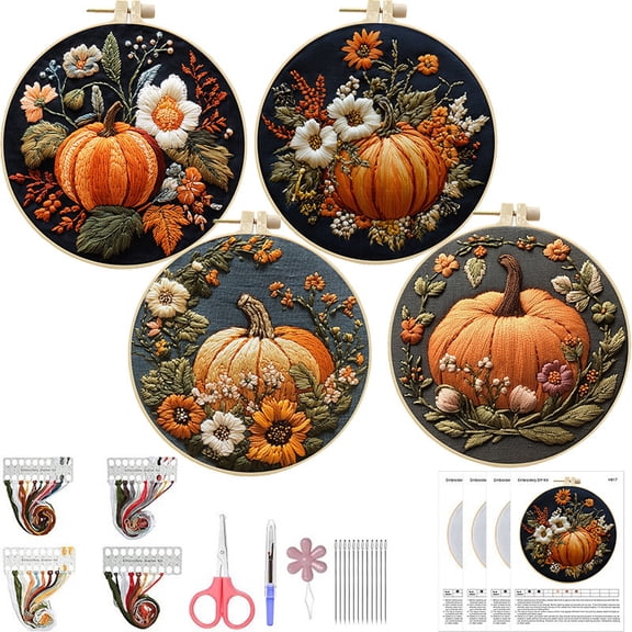 Pumpkin Embroidery Kit For Beginners, Stamped Cross Stitch Starter Set With Hoop, Autumn Thanksgiving Halloween Craft Project For Adults DIY Decor (4 Designs)