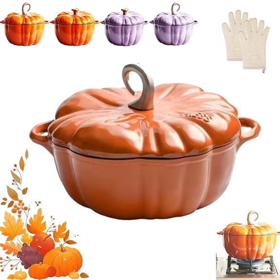 Pumpkin Enameled Cast Iron Dutch Oven with Lid, Oven Safe Soup Casserole Dish with Dual Handles, Cute Fall Harvest Decor Bakeware for Thanksgiving Halloween
