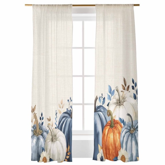 Pumpkin Eucalyptus Leaf Sheer Curtains 84 inches Long, Thanksgiving Fall Plant Linen Light Filtering Sheer Window Curtains Rod Pocket Voile Drapes for Bedroom Living Room, 52"W x 84"L 2 Panels