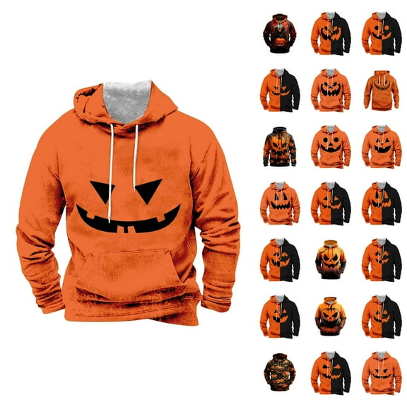 Pumpkin Face Halloween Hoodies for Men 2025 Spooky Pumpkin Graphic Hooded Sweatshirt with Pockets Halloween Pullover Tops