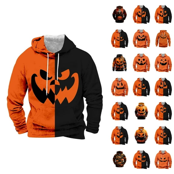 Pumpkin Face Halloween Hoodies for Men 2025 Spooky Pumpkin Graphic Hooded Sweatshirt with Pockets Halloween Pullover Tops