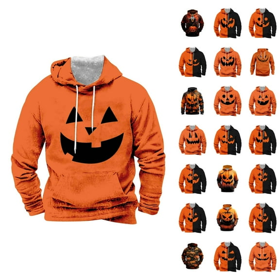 Pumpkin Face Halloween Hoodies for Men 2025 Spooky Pumpkin Graphic Hooded Sweatshirt with Pockets Halloween Pullover Tops