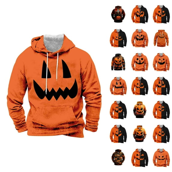 Pumpkin Face Halloween Hoodies for Men 2025 Spooky Pumpkin Graphic Hooded Sweatshirt with Pockets Halloween Pullover Tops