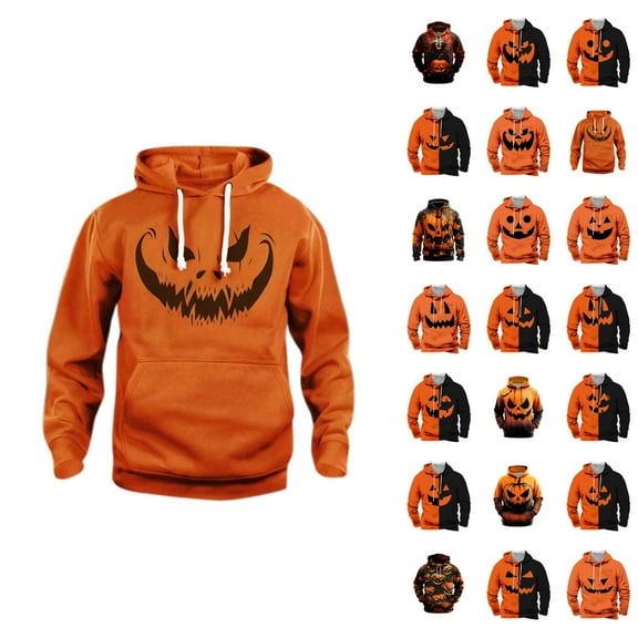 Pumpkin Face Halloween Hoodies for Men 2025 Spooky Pumpkin Graphic Hooded Sweatshirt with Pockets Halloween Pullover Tops