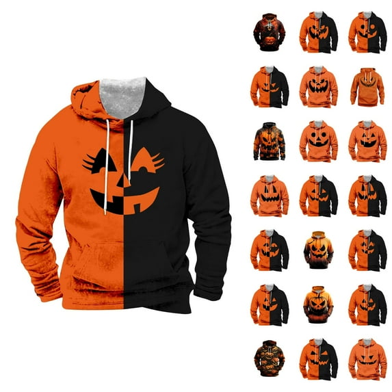 Pumpkin Face Halloween Hoodies for Men 2025 Spooky Pumpkin Graphic Hooded Sweatshirt with Pockets Halloween Pullover Tops