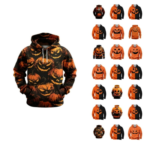 Pumpkin Face Halloween Hoodies for Men 2025 Spooky Pumpkin Graphic Hooded Sweatshirt with Pockets Halloween Pullover Tops