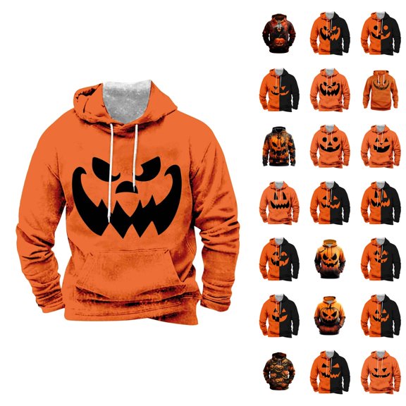 Pumpkin Face Halloween Hoodies for Men 2025 Spooky Pumpkin Graphic Hooded Sweatshirt with Pockets Halloween Pullover Tops