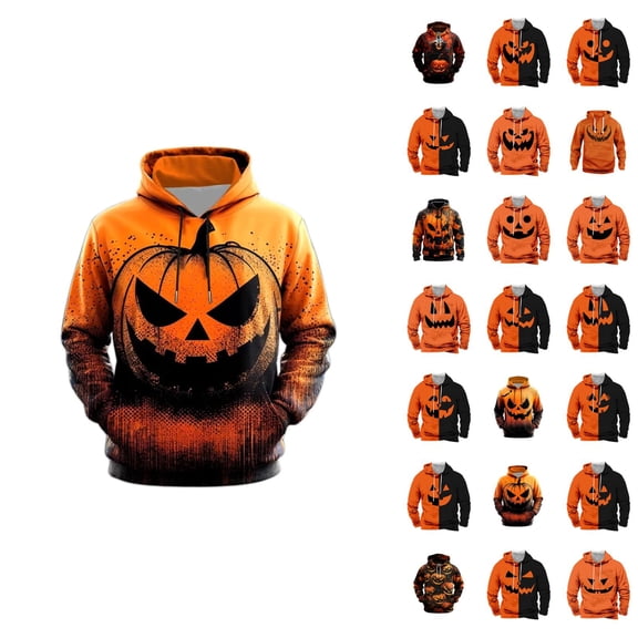 Pumpkin Face Halloween Hoodies for Men 2025 Spooky Pumpkin Graphic Hooded Sweatshirt with Pockets Halloween Pullover Tops