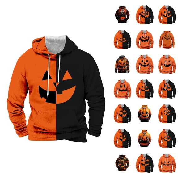 Pumpkin Face Halloween Hoodies for Men 2025 Spooky Pumpkin Graphic Hooded Sweatshirt with Pockets Halloween Pullover Tops