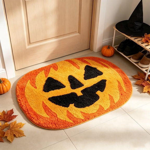 Pumpkin Face Shaped Floor Mat  23.6 x 15.7 Inch Orange Halloween Rug, Non-Slip Rubber Back for Bathroom Kitchen Entry (Multicolor)
