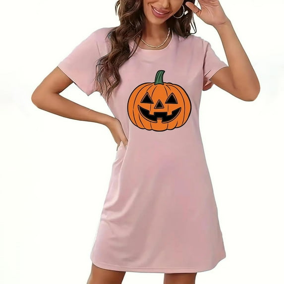 Pumpkin Face T Shirt Dress for Women Halloween Graphic Short Sleeve Casual Tunic Dress Fall Costume Party Outfit
