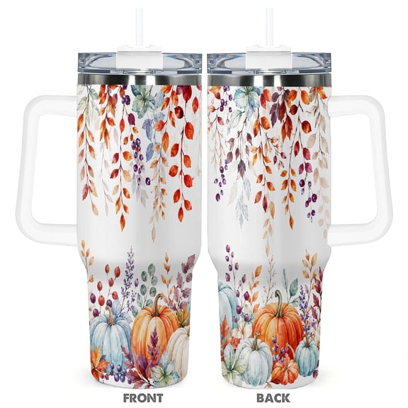 Pumpkin Fall 40oz Travel Tumbler With Handle And Flip Straw, Reusable Stainless Steel Insulated Leak Proof Coffee Mug