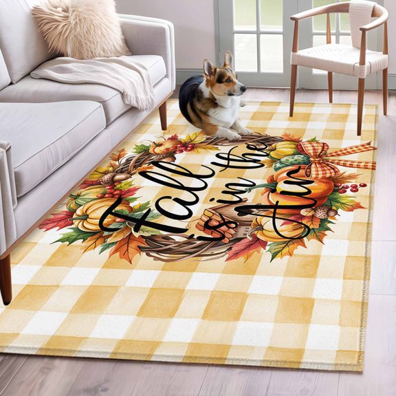 Pumpkin Fall Area Rug 4x6 Washable Rug Non Slip Thanksgiving Maple Leaf Orange Check Large Area Rug Indoor Floor Carpet for Entryway Bedroom Kitchen Living Room Home Office Dining Room Nursery
