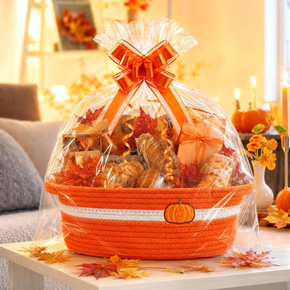 Pumpkin Fall Basket, Fall Harvest Woven Bow Gift Basket, Cotton Rope Storage Organizer Bin for Thanksgiving Halloween Wedding Tabletop Decoration