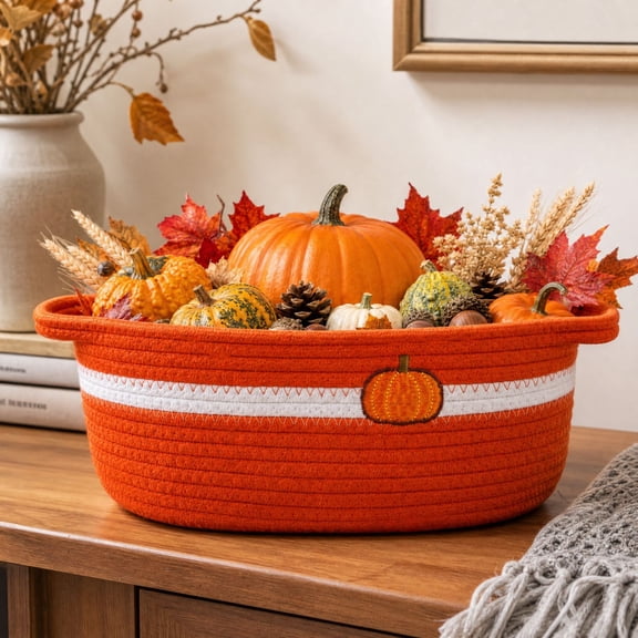 Pumpkin Fall Basket, Woven Cotton Rope Gift Basket with Pumpkin Embroidery, Autumn Harvest Storage Organizer for Thanksgiving and Home Decor