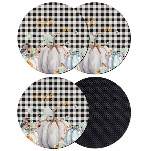 Pumpkin Fall Coasters Set of 4, Absorbent Coasters for Drinks, Thanksgiving Botanical Black White Plaid Bird Coaster for Desk Coffee Table Protection, Home Decor House Warming Gifts 4"