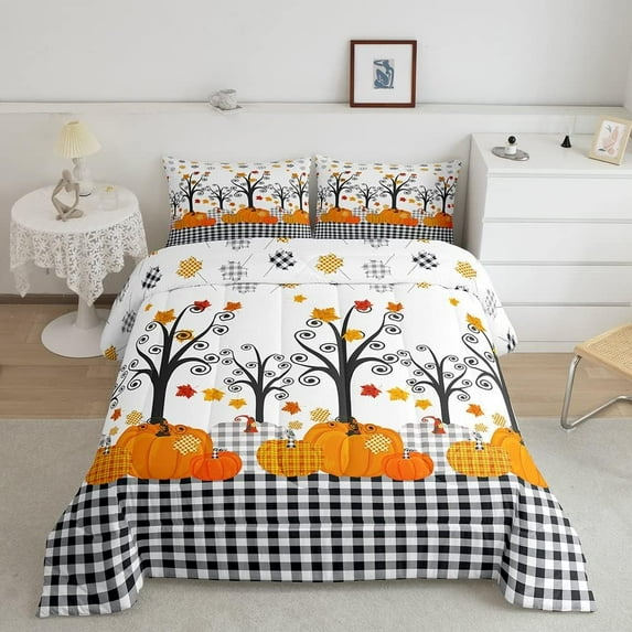 Pumpkin Fall Comforter Set Twin Size,Bedroom Wooden Cottage Decor,Black White Plaid Bedding Set,Autumn Harvest Maple Down Comforter,Rustic Farmhouse Duvet Insert