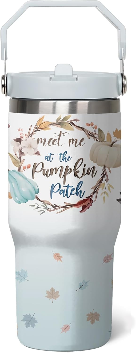Pumpkin Fall Cup 30 Oz Tumbler with Handle and Flip Straw, Insulated Autumn Mugs Keeps Drinks Cold & Hot, Stainless Steel Fall Coffee Mug Fall Themed Thanksgiving Gifts For Women