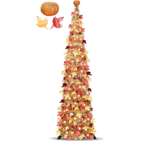 Pumpkin & Fall Decor - 5FT Pop Up Fall Tree with Lights Battery Operated | Fall Decorations for Home, Collapsible Tinsel Maples Tree 50 LED Orange Warm Lights Thanksgiving Tree Decor Porch Home Party