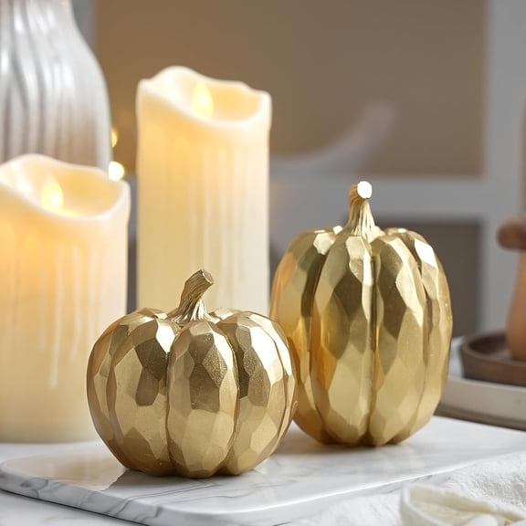 Pumpkin Fall Decor Indoor, Resin Gold Pumpkin for Decorating | Thanksgiving Pumpkins Decor with Woven Effect for Table Centerpiece, Fireplace, Autumn Harvest Party Decorations