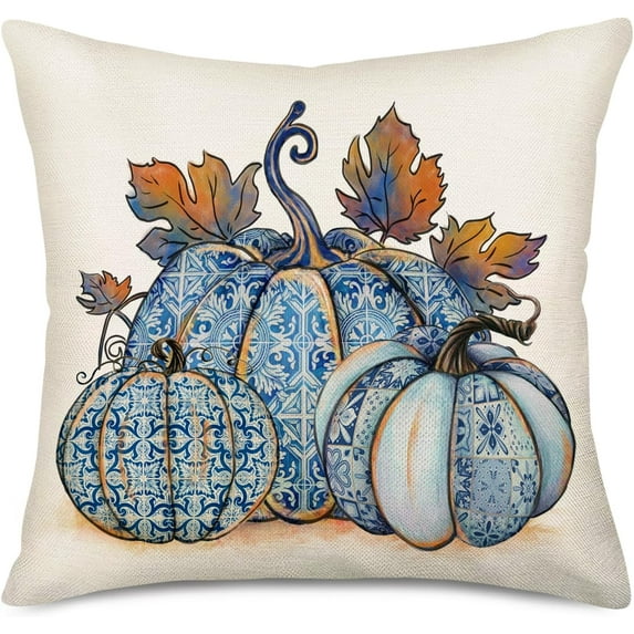 Pumpkin Fall Decorative Pillow Covers 18x18 Inch Blue Pumpkin and Maple Leaves Autumn Harvest Throw Pillow Covers Farmhouse Thanksgiving Outdoor Pillows Case for Home Couch