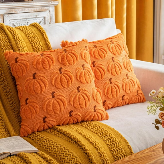 Pumpkin Fall Decorative Throw Pillow 20"x20", Set of 2 Saffron Soft Faux Fur Pillow for Autumn Harvest, Fluffy Plush Accent Pillow for Farmhouse Couch Cushion