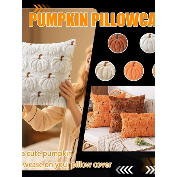Pumpkin Fall Decorative Throw Pillow Covers 18"x18",Set of 1 Orange Green Soft Pillow Covers for Autumn Harvest, Fluffy Plush Accent Pillow Cases for Farmhouse Halloween Decor