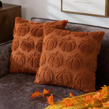 Pumpkin Fall Decorative Throw Pillow Covers 18x18, Set of 2 Rust Red Soft Fur Pillow Covers for Autumn Harvest, Fluffy Plush Accent Pillow Cases for Farmhouse Couch Cushion Covers