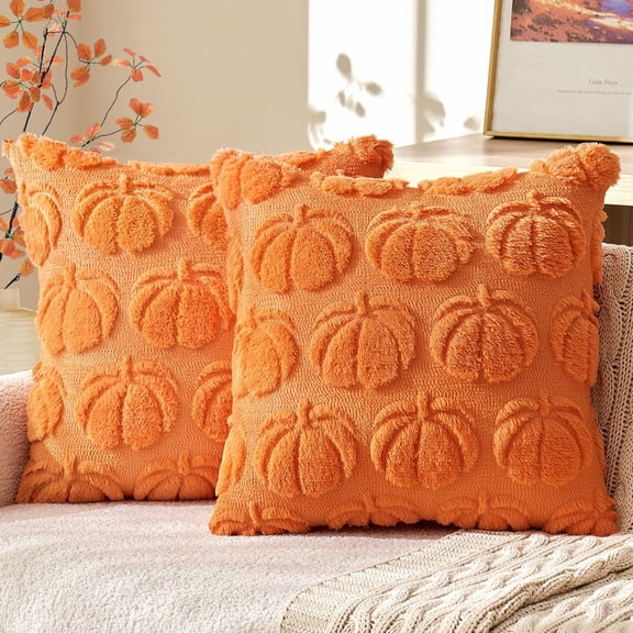 Pumpkin Fall Decorative Throw Pillow Covers, 18x18" Set of 2 Soft Pillow Covers for Autumn Harvest, Fluffy Plush Accent Pillow Cases for Sofa Bedroom Living Room Home Farmhouse Halloween Decor