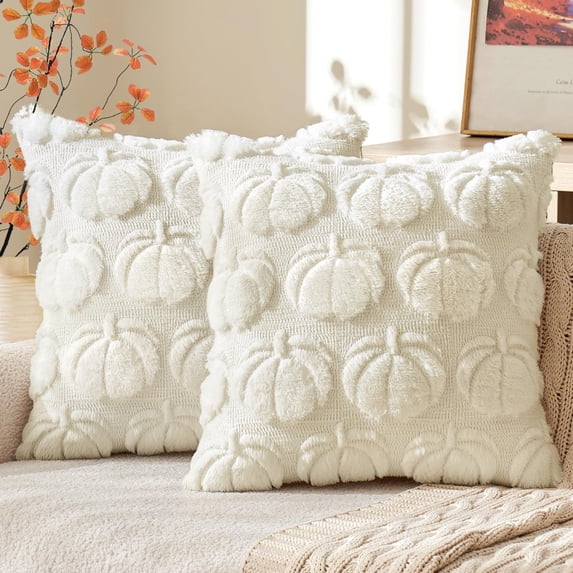 Pumpkin Fall Decorative Throw Pillow Covers, 18x18" Set of 2 Soft Pillow Covers for Autumn Harvest, Fluffy Plush Accent Pillow Cases for Sofa Bedroom Living Room Home Farmhouse Halloween Decor