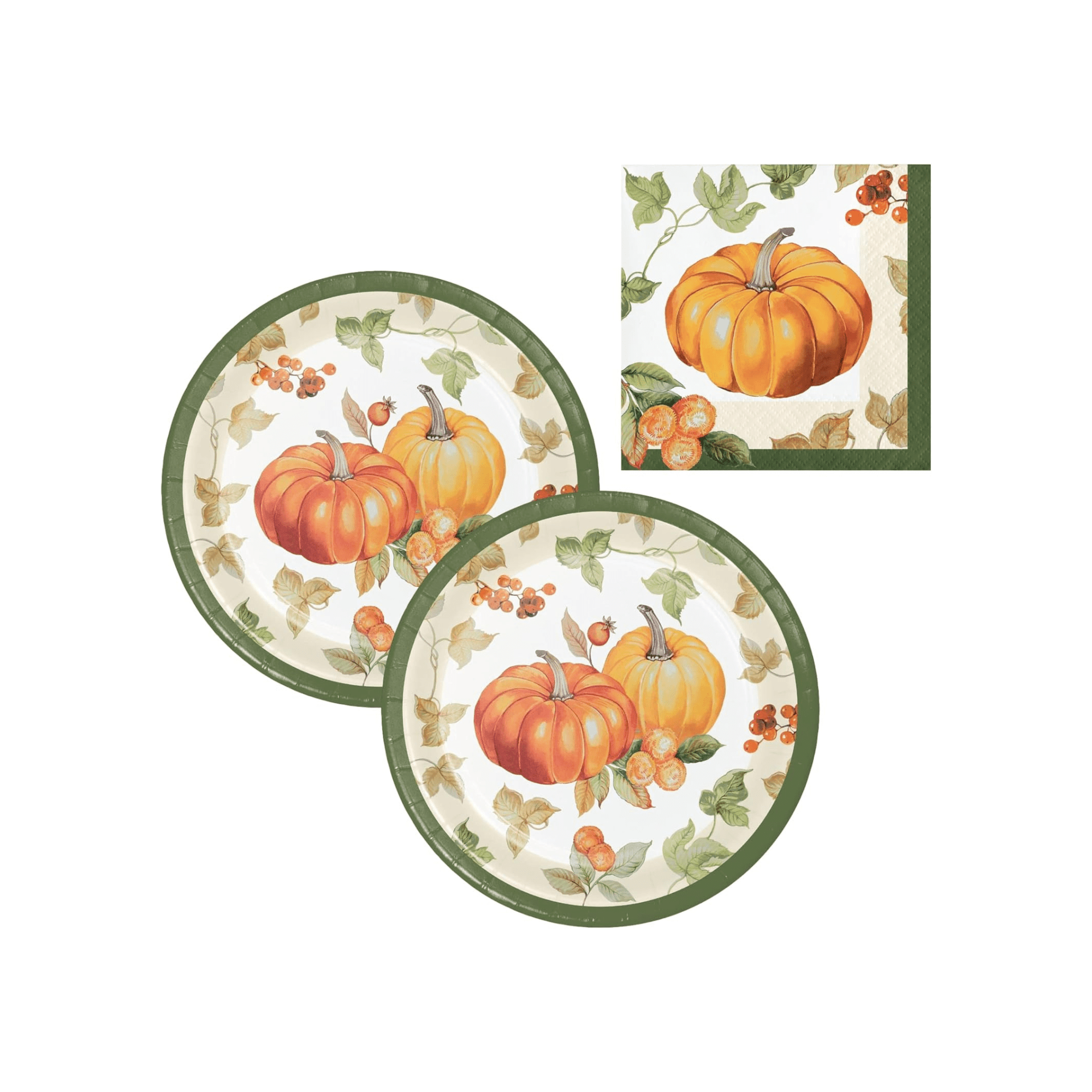 Pumpkin and Fall Foliage Party Supplies Autumn Themed Paper Dessert Plates & Napkins for 16