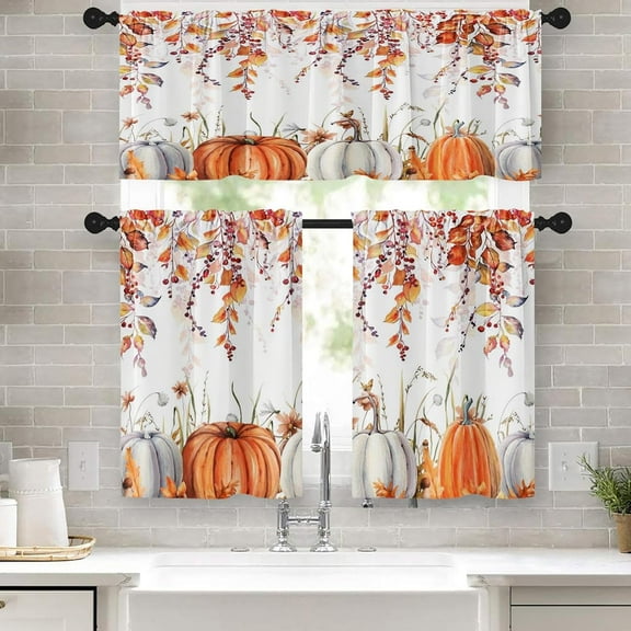 Pumpkin Fall Kitchen Curtains Autumn Leaves Window Curtains Valance and Tier Set 36 Inch, Thanksgiving Rod Pocket Short Tier Curtain for Room, Orange Watercolor Small Cafe Kitchen Decor