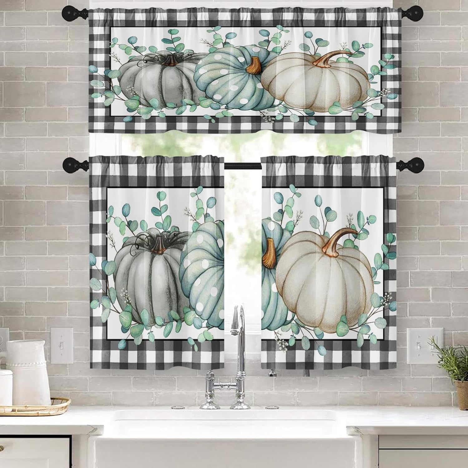 Pumpkin Fall Kitchen Curtains Plaid Gray Window Curtains Valance and ...