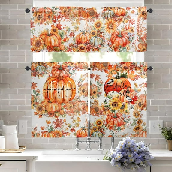 Pumpkin Fall Kitchen Curtains and Valances Set - 3 Piece Kitchen Curtains 36 Inch Length Sets with Valance for Windows Rod Pocket Thanksgiving Autumn Pumpkin Kitchen Decor Decorations