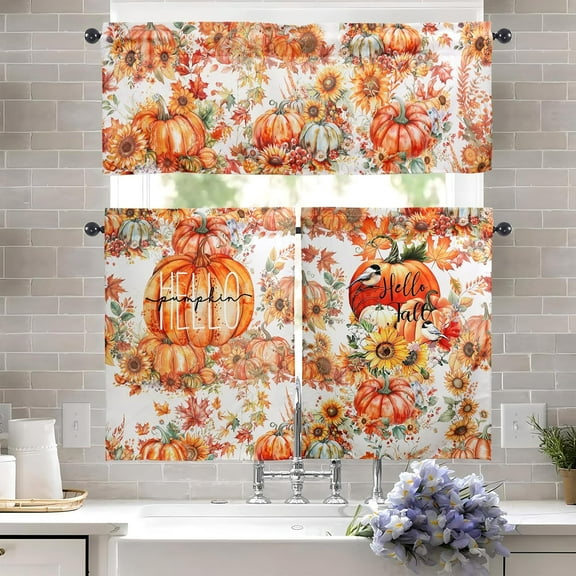 Pumpkin Fall Kitchen Curtains and Valances Set - 3 Piece Kitchen Curtains 36 Inch Length Sets with Valance for Windows Rod Pocket Thanksgiving Autumn Pumpkin Kitchen Decor Decorations