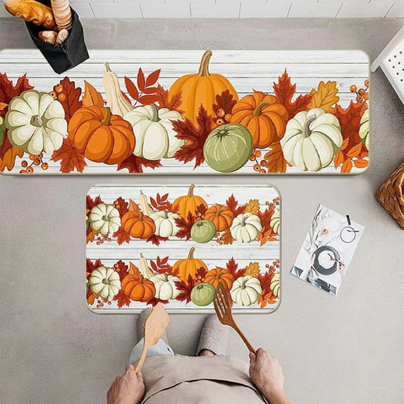 Pumpkin Fall Kitchen Mats Set of 2, Harvest Pumpkins Kitchen Rugs Autumn Pumpkins Farmhouse Kitchen Floor Mats Non Slip Absorbent Thanksgiving Fall Decor 16x24 and 16x48 Inch