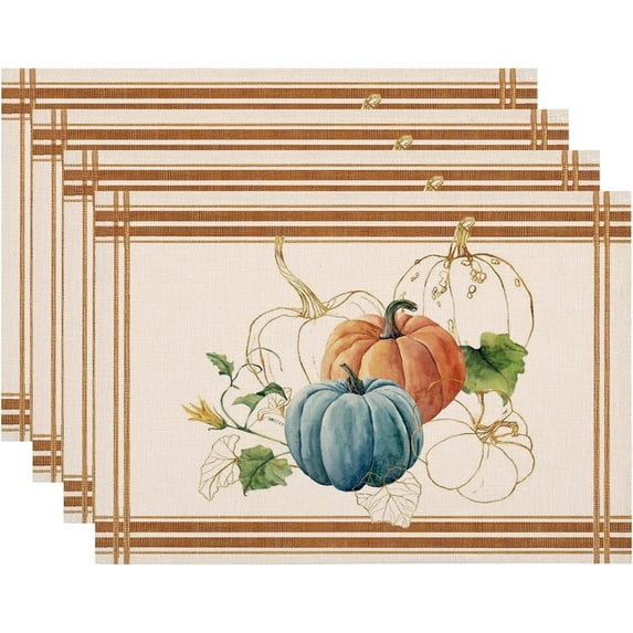 Pumpkin Fall Placemats Set of 4, 12x18 Inch Autumn Thanksgiving Farmhouse Rustic Orange Dining Table Mats Seasonal Holiday Outdoor Place Mats for Home Party Dining Decoration (Gold Pumpkin)
