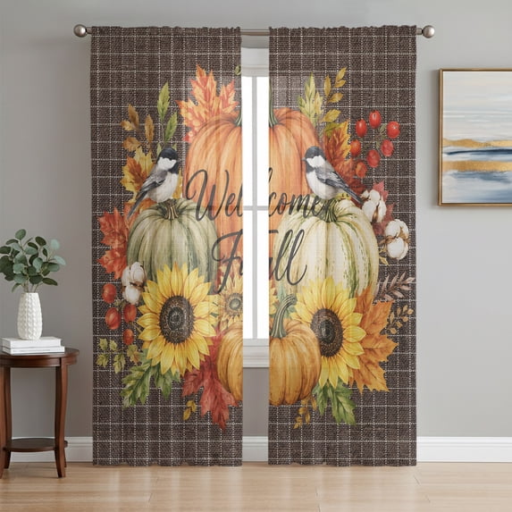 Pumpkin Fall Sheer Curtains 72 Inch Length 2 Panels Set, Thanksgiving Botanical Berry Leaves Checkered Window Treatment Rod Pocket Curtains Sheers Drapes for Bedroom/Living Room/Kitchen 52"x72"x2