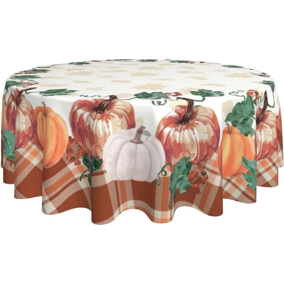 Pumpkin Fall Tablecloth Round 60 Inch Thanksgiving Tablecloth Plaid Circular Waterproof Maple Leaf Autumn Table Cover Cloths Washable Polyester Tabletop Runner for Kitchen Party Picnic Dining Decor