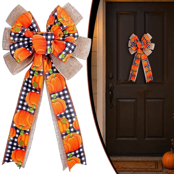 Pumpkin Fall Wreath Bow, Black and White Buffalo Check Plaid Fabric Bowknot for Thanksgiving Door Tree Arch Stairway Decor, 1PC 50 x 28 cm