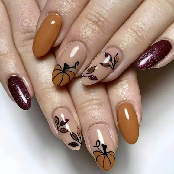 Pumpkin False Nails Autumn Thanksgiving Press On Nails Leaf Designs on Nails Manicure Nails Art for Women