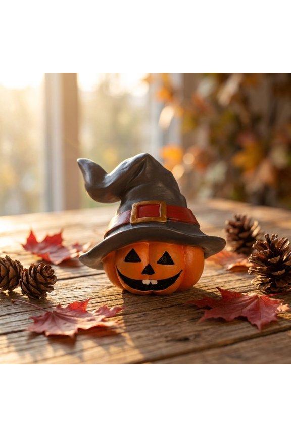 Pumpkin Figurine, Adds Whimsical Halloween Charm, Resin Statue, Playful Grinning Face and Sturdy Base for Tabletop Display, Shelf Accent, and Fall Mantel Decor.