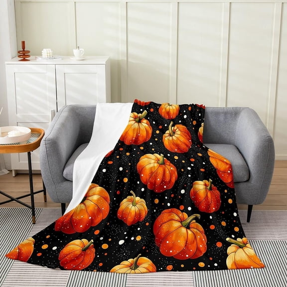 Pumpkin Fleece Throw Blanket for Couch Sofa Bed Halloween Autumn Theme Soft Cozy Warm Microfiber Blanket