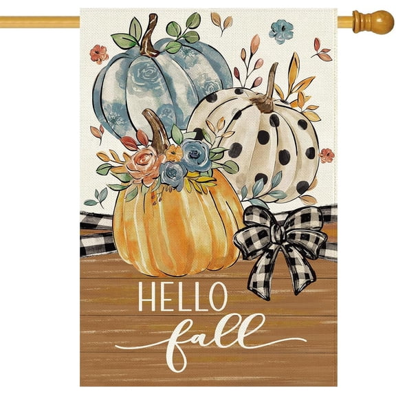 Pumpkin Floral House Flag 28 x 40 Inch, Double Sided Polyester Large Yard Flag, Buffalo Plaid Bow Design, Outdoor Lawn Porch Seasonal Home Decor, Flag Only