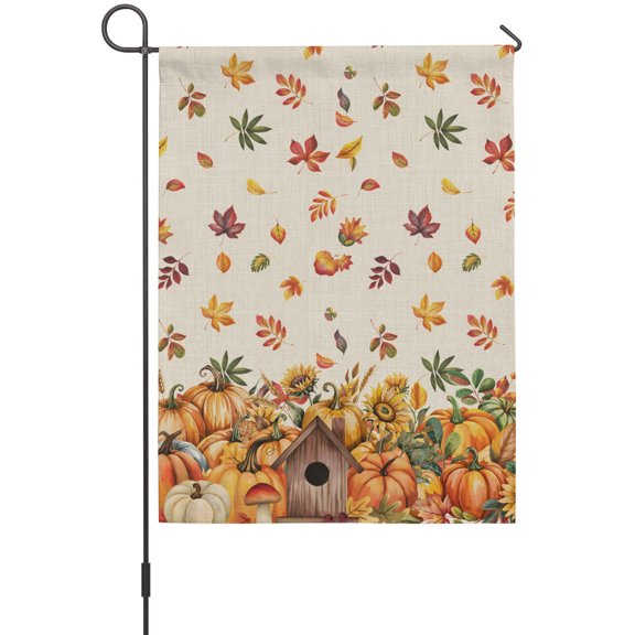 Pumpkin Flower Garden Flag 12 x 18 Inches, Fall Fallen Leaves Weather Proof Outdoor Patio Flags Double Sided Small Garden Decoration for Yard Outside Home