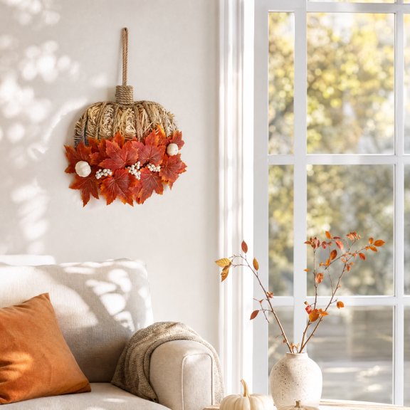 Pumpkin Flower Wreath, Fall Door Hanging, Straw Berry Decor, Adds Warm Autumn Colors and Hangs Securely with Ribbon for Front Door, Window Frame, and Entryway Wall.