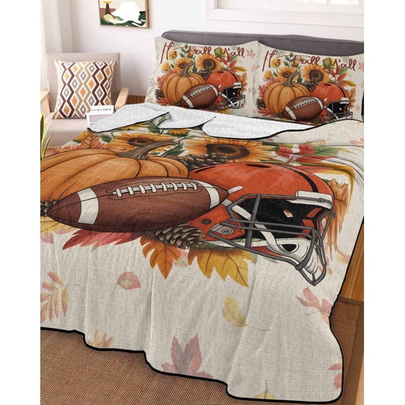 Pumpkin Football Fall Full Size Down Alternative Comforter, Lightweight Comforter Quilt Bedding Set with Pillow Shams Thanksgiving Sunflower Maple Beige All Seasons Bed Comforter Duvet Insert 78"x90"